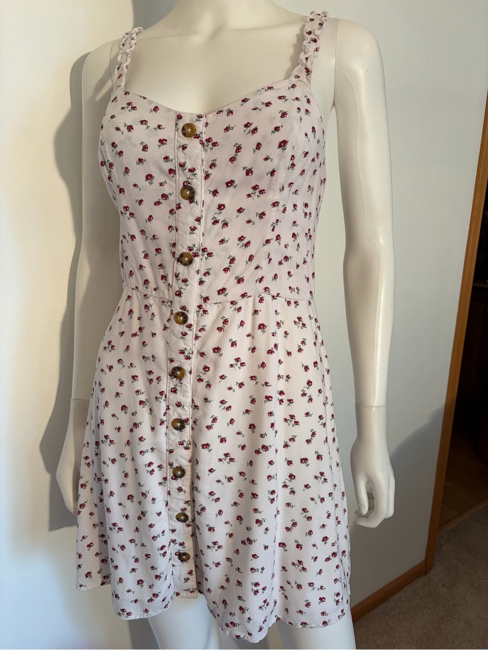 #796 Hollister Pretty White Mini Dress with Red Floral Print